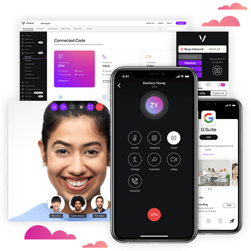 Product Imagery Collage of product imagery including a video call, admin portal page and smartphone dialing screen.