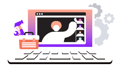 Video Express Blog—Header Image Illustration of computer screen showing multiple people participating in a video meeting; a toolbox sits to the side of the screen