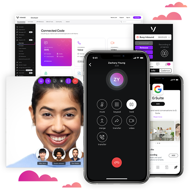 Product Imagery Collage of product imagery including a video call, admin portal page and smartphone dialing screen.