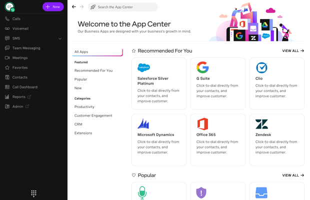 Screen grab of Unified Communications App Center showing possible integrations and connections.